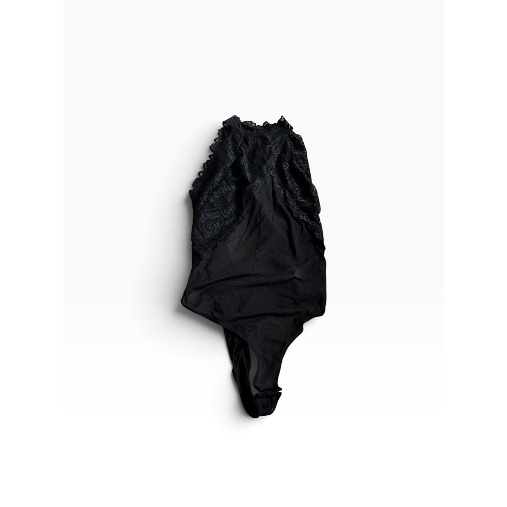 NWT Fashion Nova Bodysuit XL Black Lace High Neck Ruffle It Up T1910